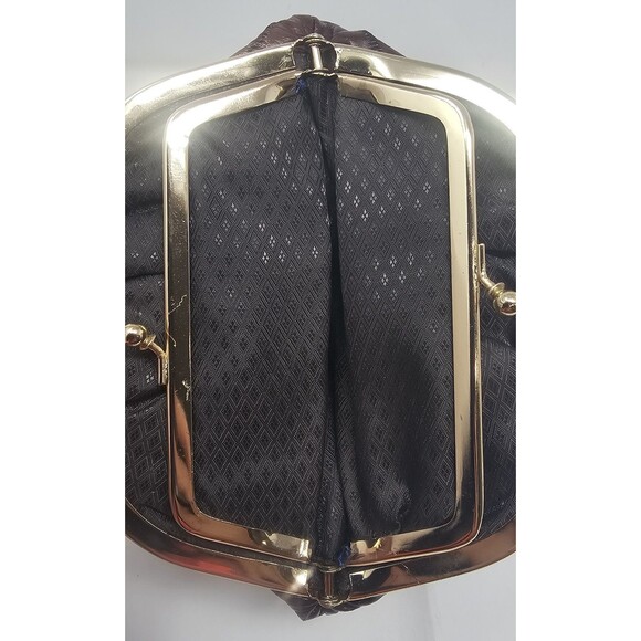 Vtg Eel Skin Leather Double Kiss Lock Brown Gold Coin Change Clutch Wallet 7x5.5 - Picture 9 of 14